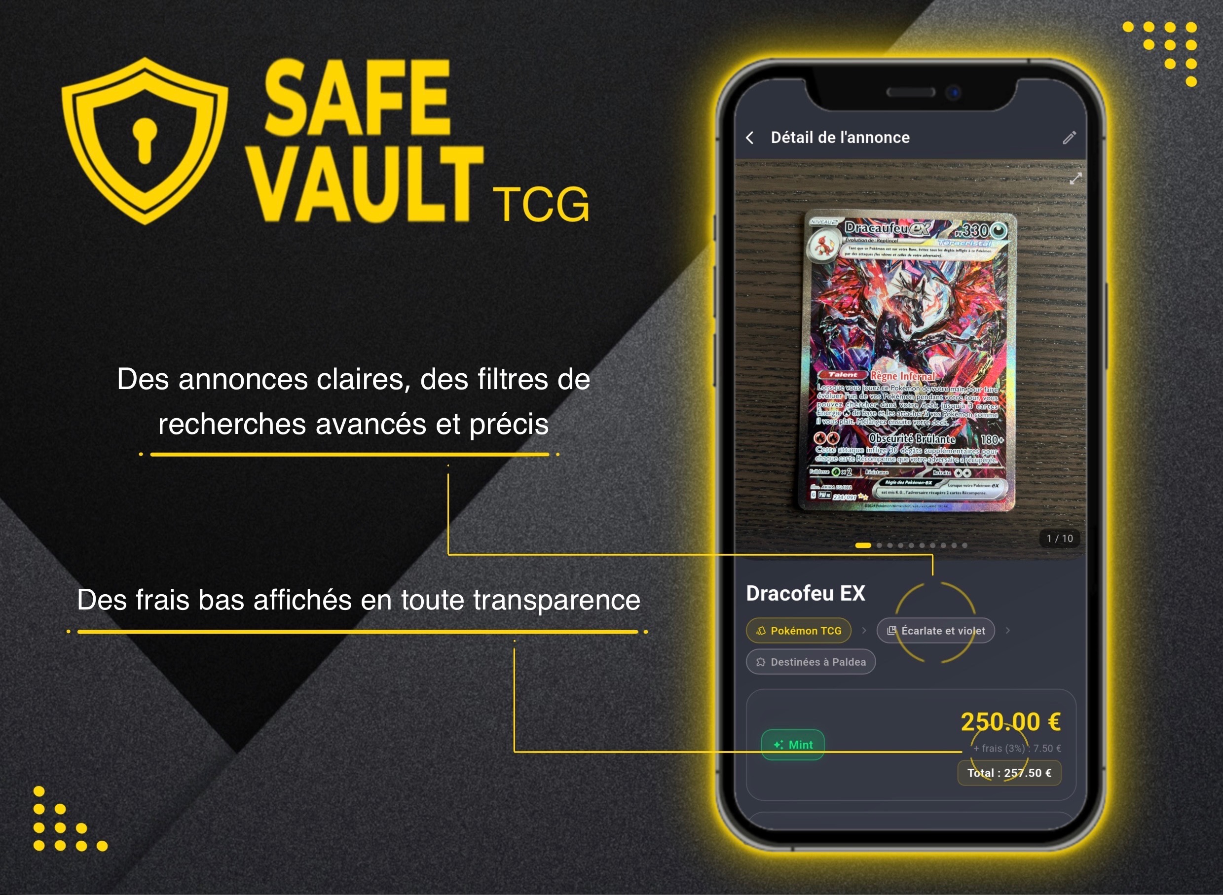 Écran SafeVault TCG montrant une annonce de carte avec filtres et prix
