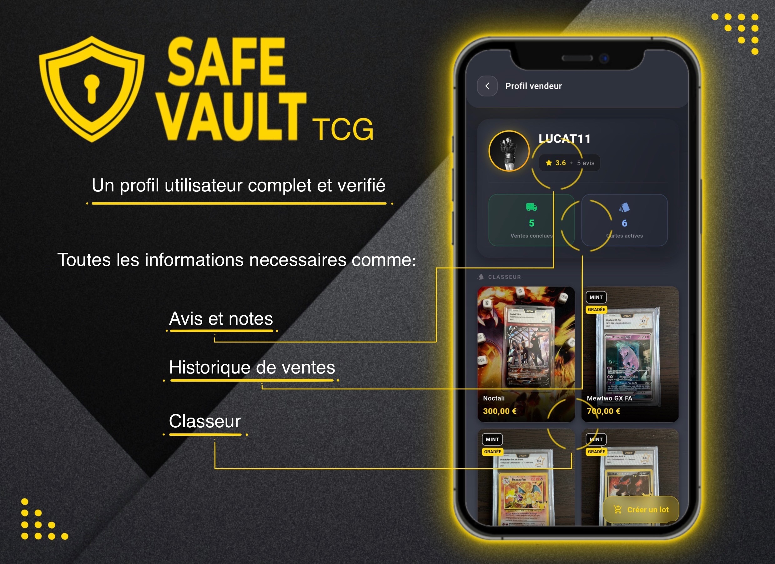 Profil vendeur avec avis, notes et historique de ventes